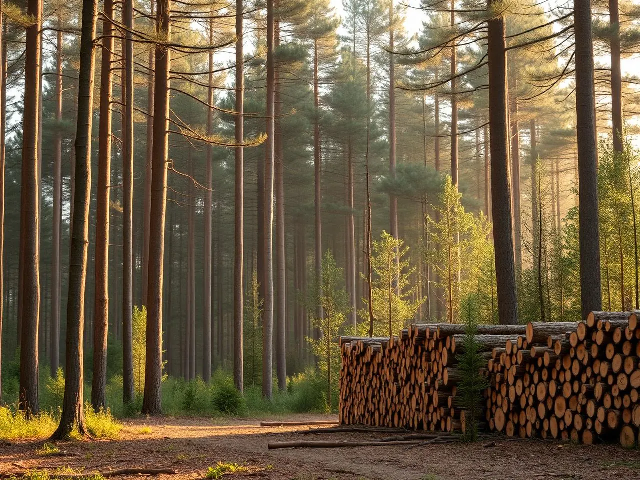 Forêt française gérée durablement avec des grumes empilées en lisière